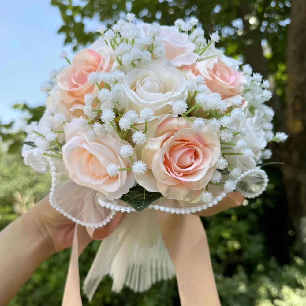 1PC Wedding Bouquets for Bride Silk Ribbon Bridesmaid Bouquets Valentine's Day Decoration Pearl Lace mesh Rose Tossing Bouquet ﻿