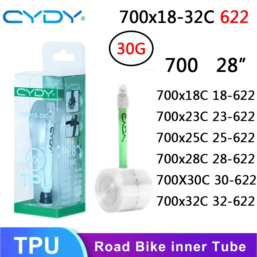 CYDY 로드 자전거 TPU 이너 튜브 700x18C 23C 25C 28C 30C 32C 카메라 타이어 야간 형광 밸브 사이클링 부품