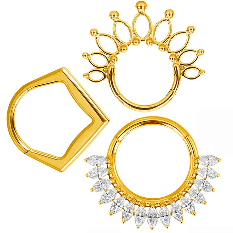 

G23 Titanium Nose Rings PIERC Fan-shaped and Side Zircon Ring Hoop EAR Hinged Clicker Earring Labret Tragus Ring Body Piercing