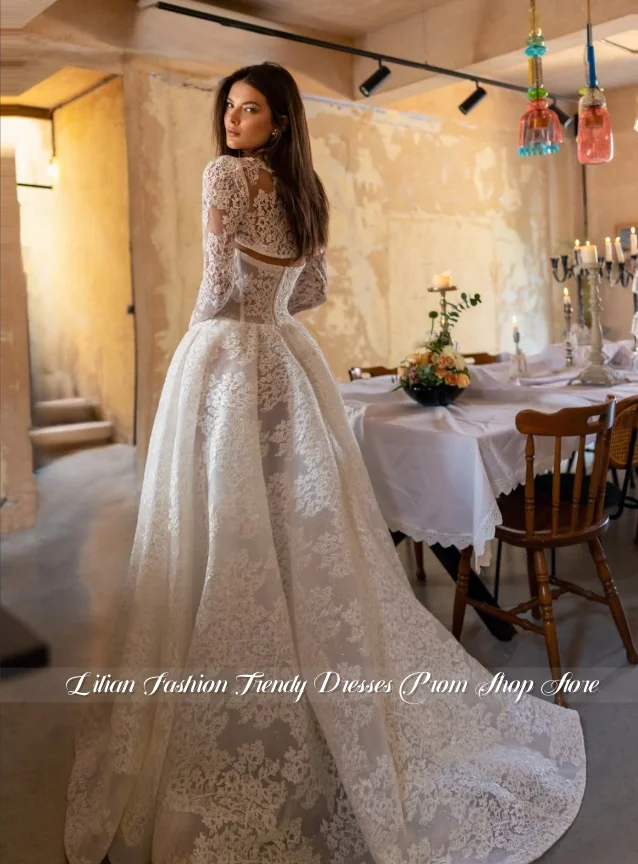 Customised Lace Dreamy Long-Sleeve Wedding Dress Lace Appliqué Strapless Corset Gown Church Wedding Garden Wedding Evening Gown