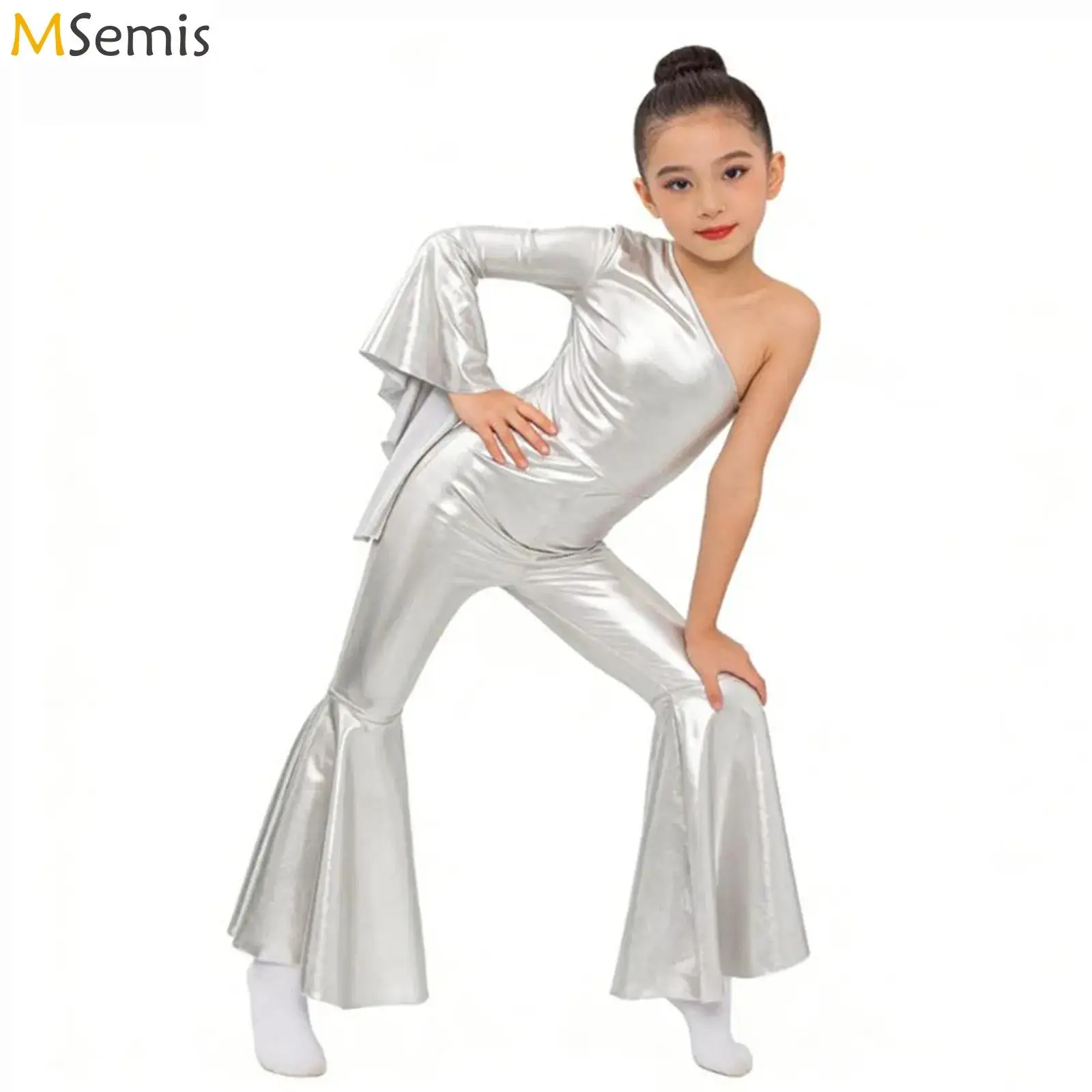 

Kids Girls Metallic Shiny Jazz Dance Bell-Bottom Flared Jumpsuit Disco Diva Performance Costume Gymnastic Leotard Bodycon Romper