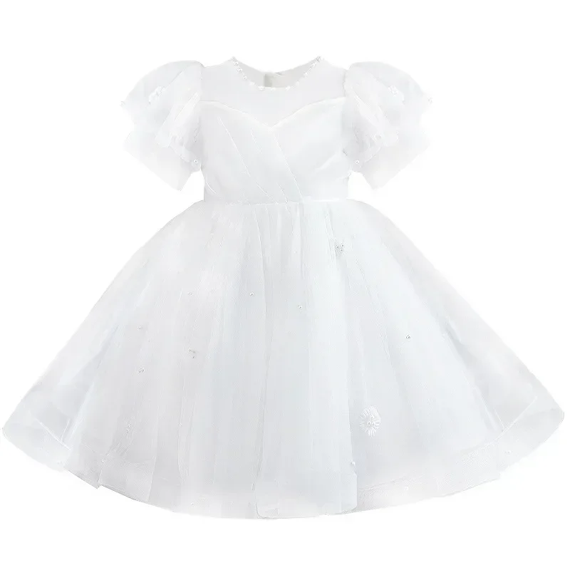 Girls' Summer Dress 2024 New Children's Fashionable White Mesh Summer Princess Dress Flower Children Fluffy Dress