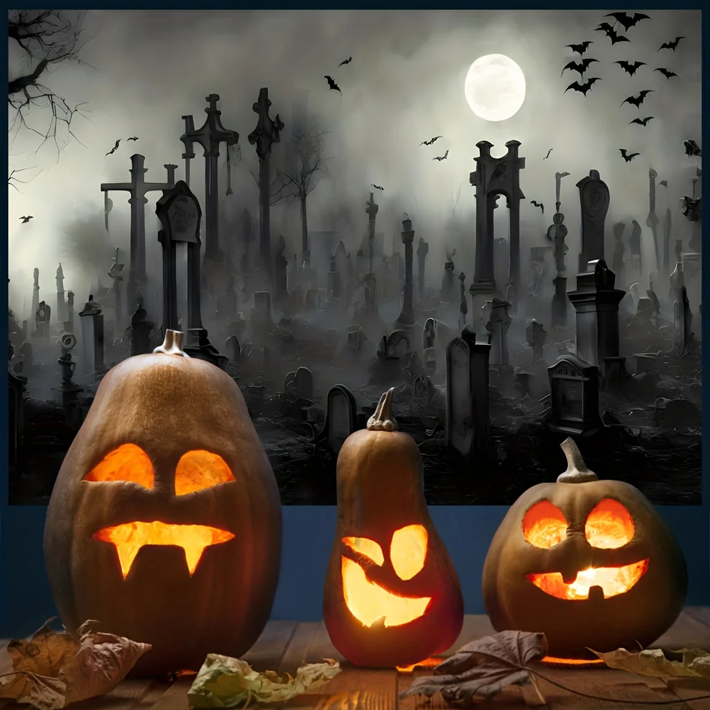 Halloween night full moon background gloomy forest cemetery photography background terrifying cemetery ghost party banner
