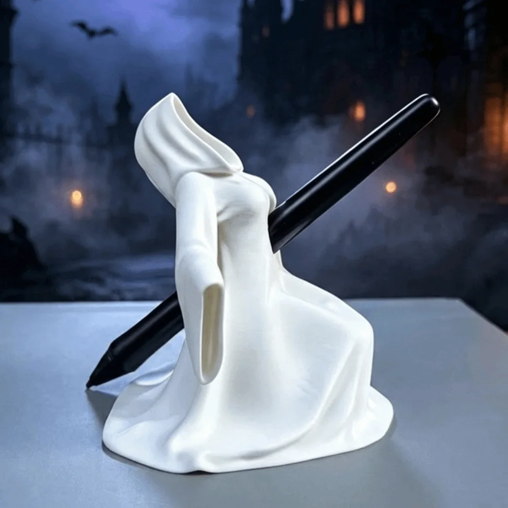 3D Printed Halloween Ghost Pen Holder Dark Gothic Hooded Phantom Pencil Rest Robe Novelty Stationery Display Rack Home Office