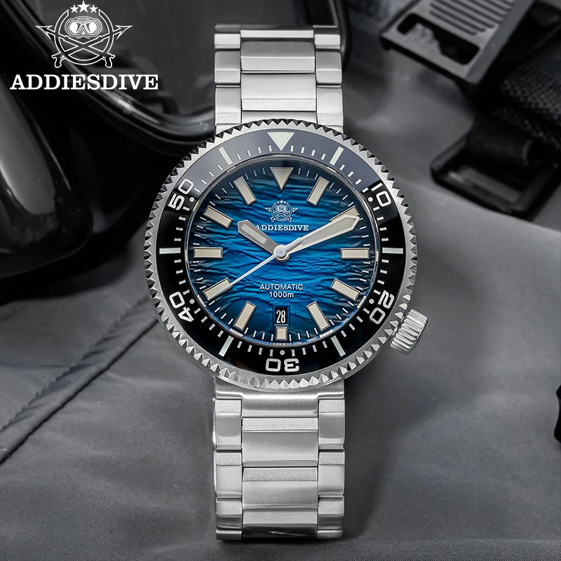 

ADDIESDIVE 46mm NH35 3D Wave Ripple Dial Men Automatic Mechanical Watches Date Window Waterproof 1000m Sapphire Luminous AD2069