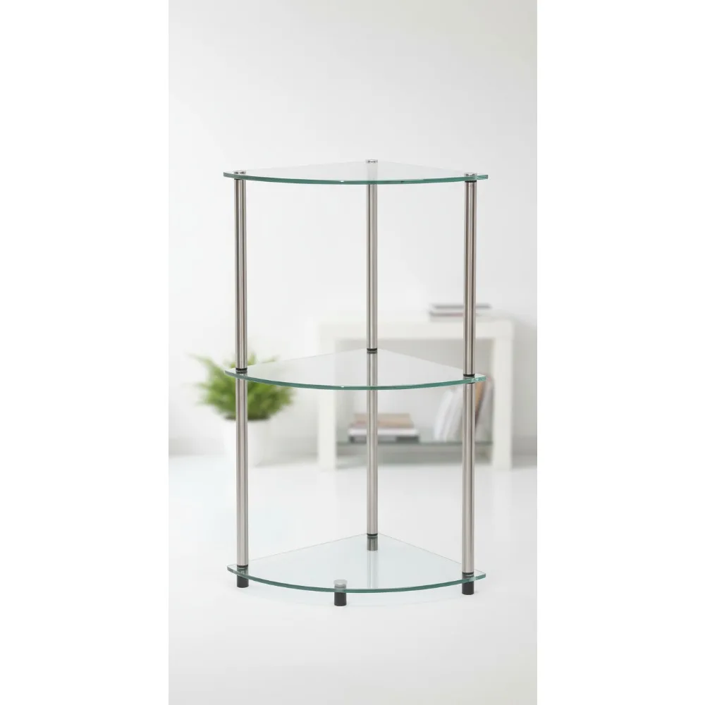 

Modern Glass Corner Shelf 3-Tier Storage Unit for Living Room, Bathroom & Office - Rust-Resistant Chrome Frame
