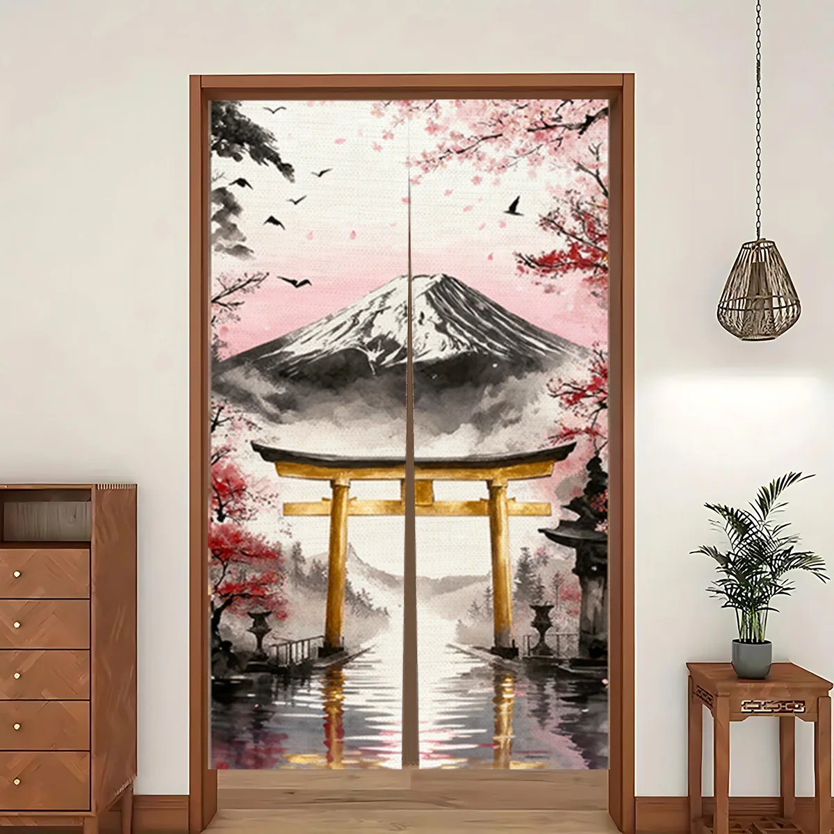 Japanese Noren Curtain Torii Gate Mount Fuji Cherry Blossom Water Reflection Door Decor