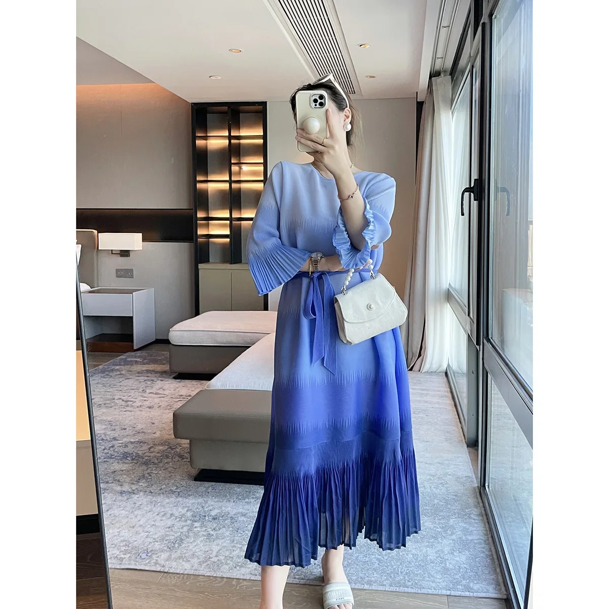 Pleats Pleated Dress Loose Design Flared Short-sleeved Dress Temperament Elegant Covering Meat Thin Waist Long Dresses Clothing