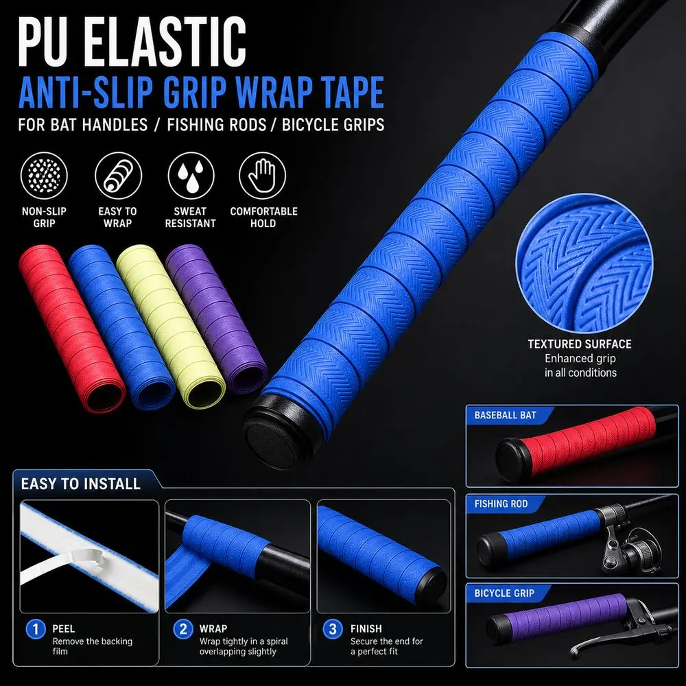 Durable PU Fishing Rod Grip Tape Anti Slip Breathable Racket Grip Tape Sweat Absorbent Over Grip Tape Fishing Rod Accessories
