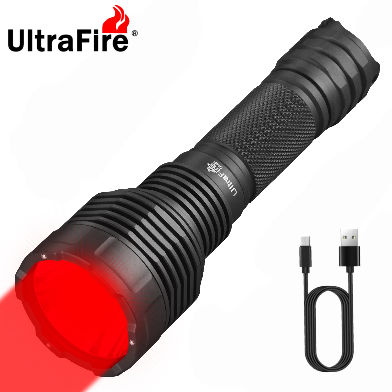 Linterna de caza LED roja UltraFire C15R de 400 yardas, superbrillante, 10 W, tipo C, recargable por USB, linterna táctica para exteriores