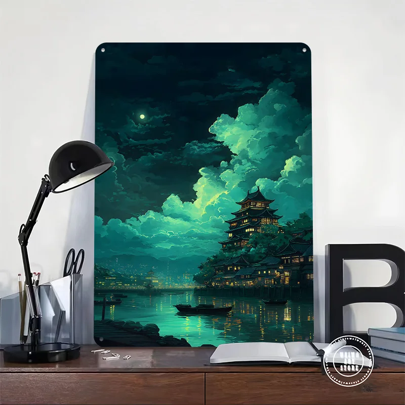 Nighttime Japanese Castle Landscape Tinplate Poster Customized Wall Art Vintage Metal Signs Retro Tin Plaque for Home Deco House