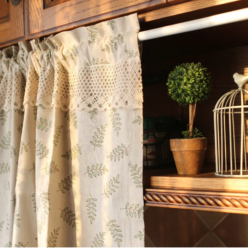 Nordic Style Short Curtain Solid Cotton Linen Lace Hem Half Tulle Curtain Wine Cabinet Door Kitchen Window Small Curtain
