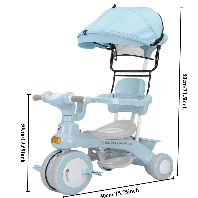 Triciclo 3 en 1 para niños, bicicleta con barandilla, mango de empuje, caja de almacenamiento con dosel grande, cochecito de bebé de doble freno con música y luz