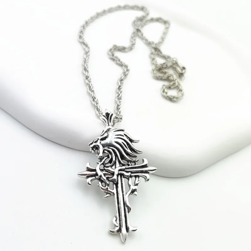 Final Fantasy VIII Lion Head Silver Color Cross Pendant Necklace FFVIII Cosplay Fashion Choker Accessory Men Game Jewelry Gifts