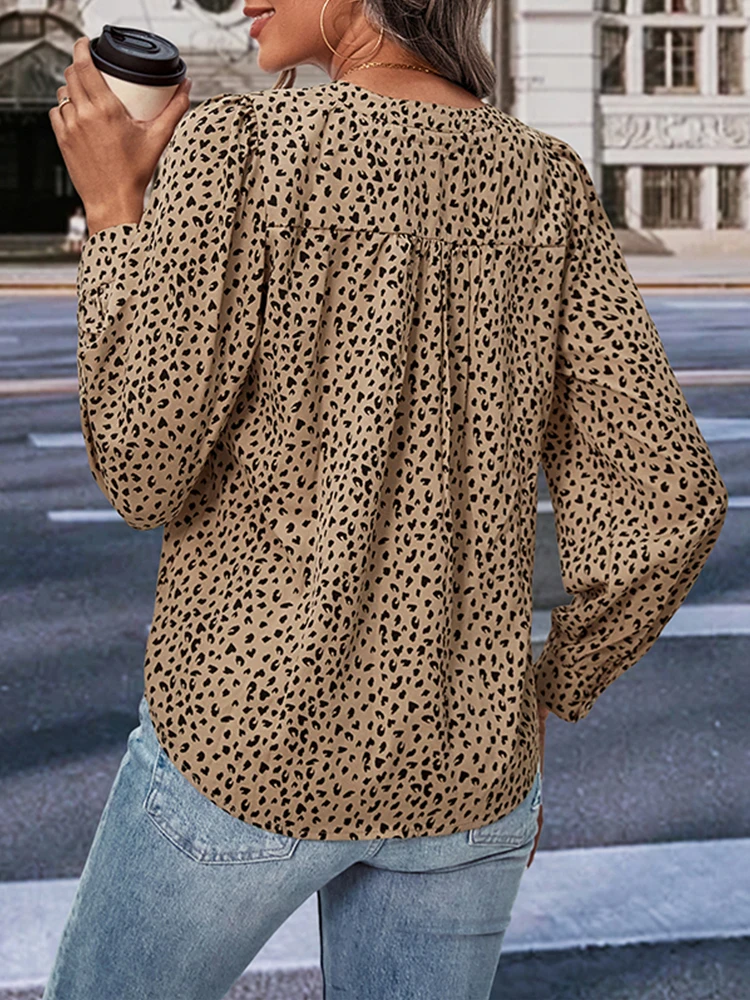 JIM & NORA Autumn Women Leopard Print Loose Deep V Neck  Shirt Long Sleeves Pullover Warm Lantern Sleeves Lady Spring Tops Fall