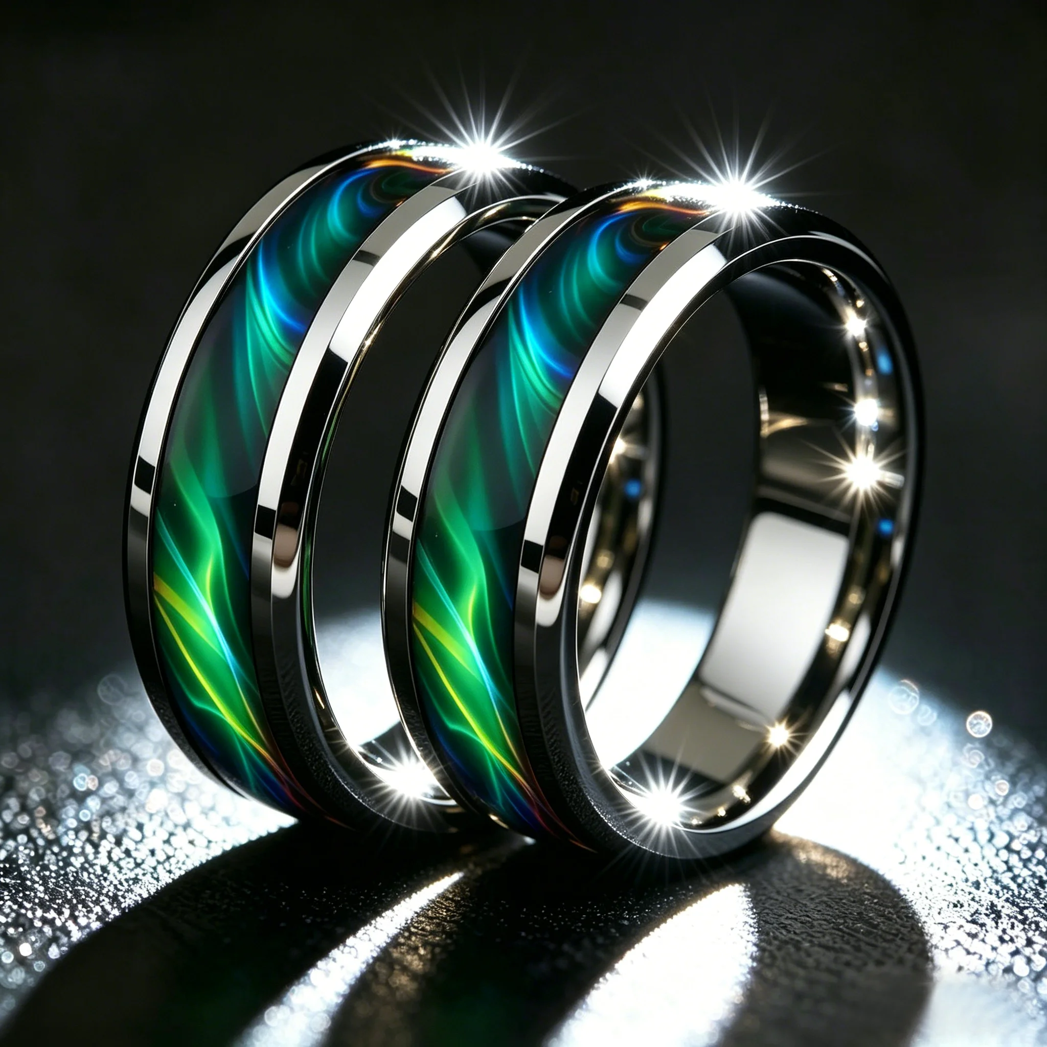 Men's Green Aurora Nebula Stainless Steel Ring, Silver Color Polished with Malachite Inlay, Punk Biker Jewelry Gift for Him