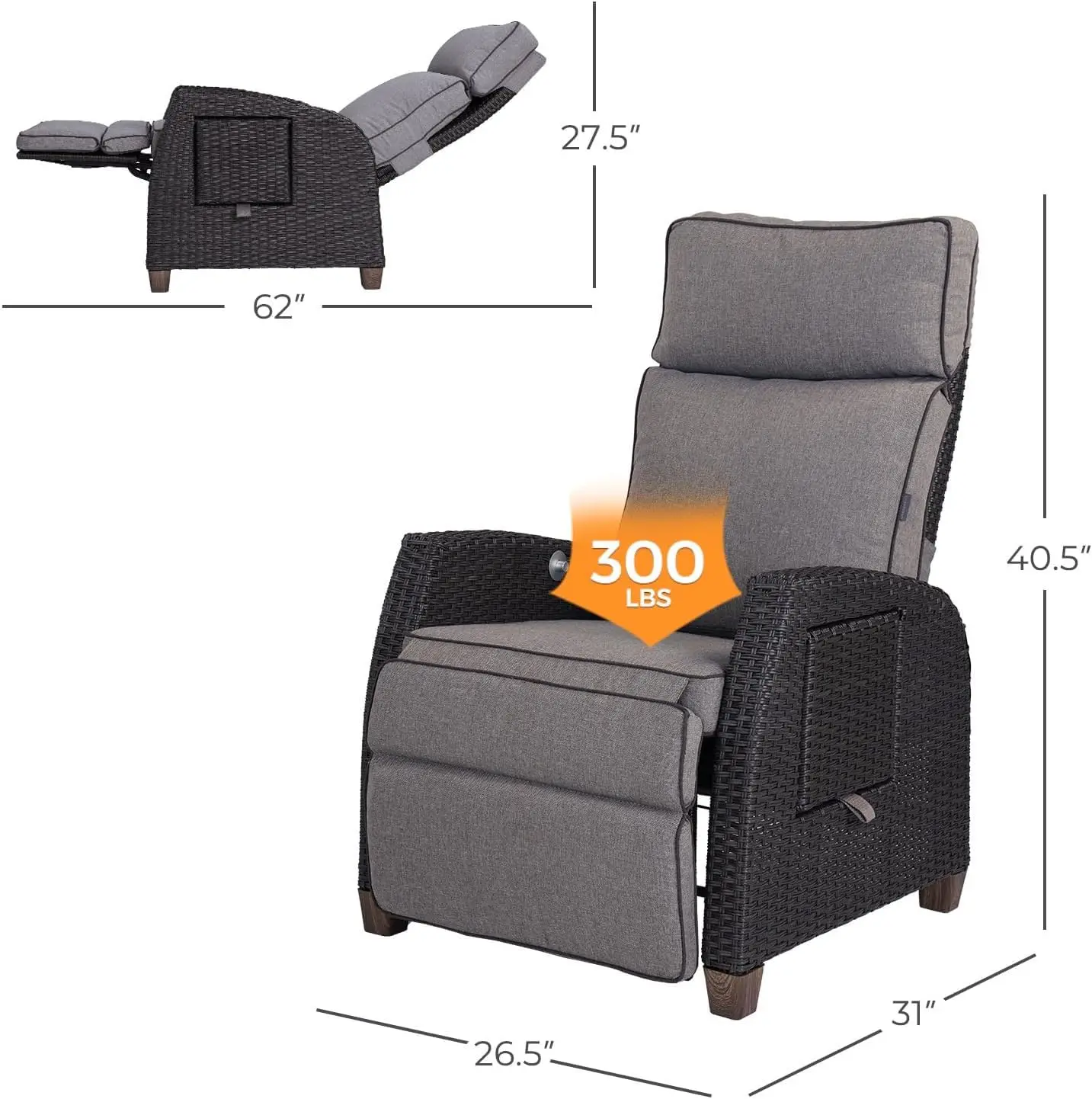 Outdoor Reclining Chairs with Extended Footrest Adjustable WickerPatio Lounge Recliner up to 150° with Flip Side Tab