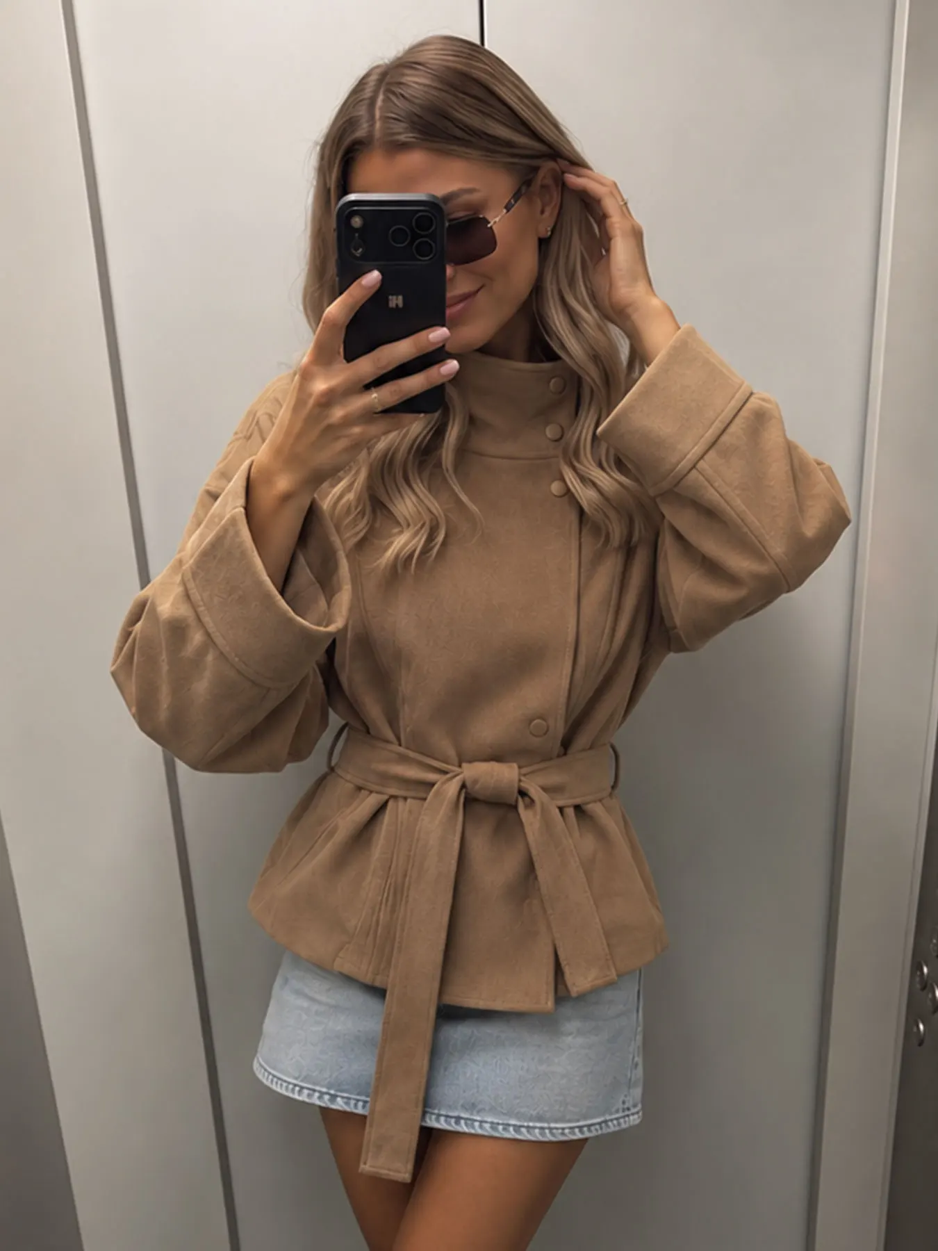 Womens Retro Autumn Vacation Short Coat Stand Neck Asymmetrical Button Belt Long Sleeve Jacket Causal Autumn Solid Loose Coat