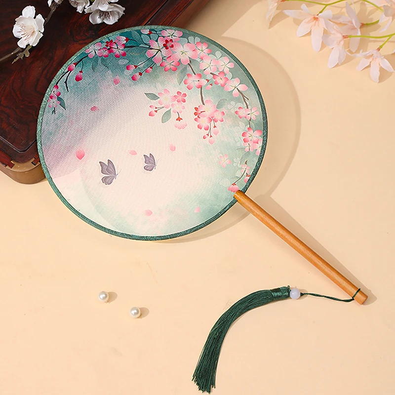 Vintage Round Printed Fan Chinese Dance Summer Classical Cheongsam Costume Court Hanfu Women's Tassel Hand Fan