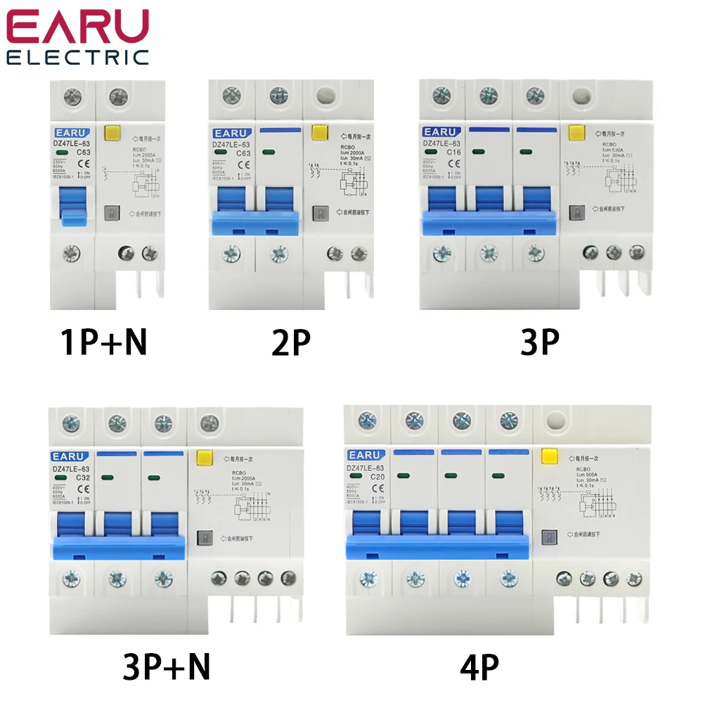 EARU DZ47LE 1/2/3/4P 6-63A RCCB RCBO MCB Mini Earth Leakage Residual Current Circuit Breaker Over Load Short Circuit Protection
