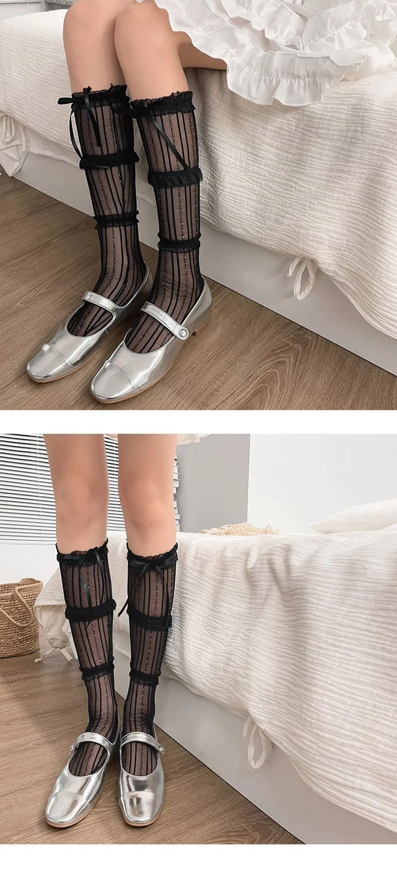 Women's Summer Spring Bow Lace Breathable Socks Black Sexy Stocking Sweet Style Lolita Knee High Socks Girls Gift Medias Kawaii