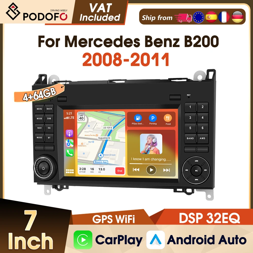 Podofo CarPlay Android Auto Radio für Mercedes Benz W169 W245 B200 W906 Sprinter W639 Vito WIFI GPS FM RDS 7 Zoll 2-DIN Autoradio