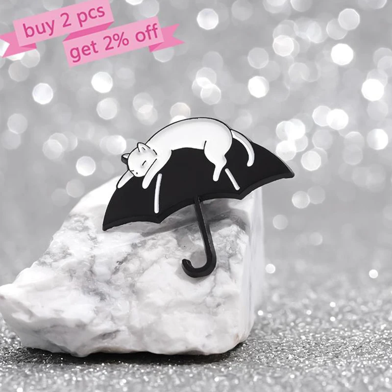 Black Umbrella Cat Enamel Pins Custom Cute White Cats Brooches Lapel Badges Cartoon Animal Jewelry Gift for Kids Friends