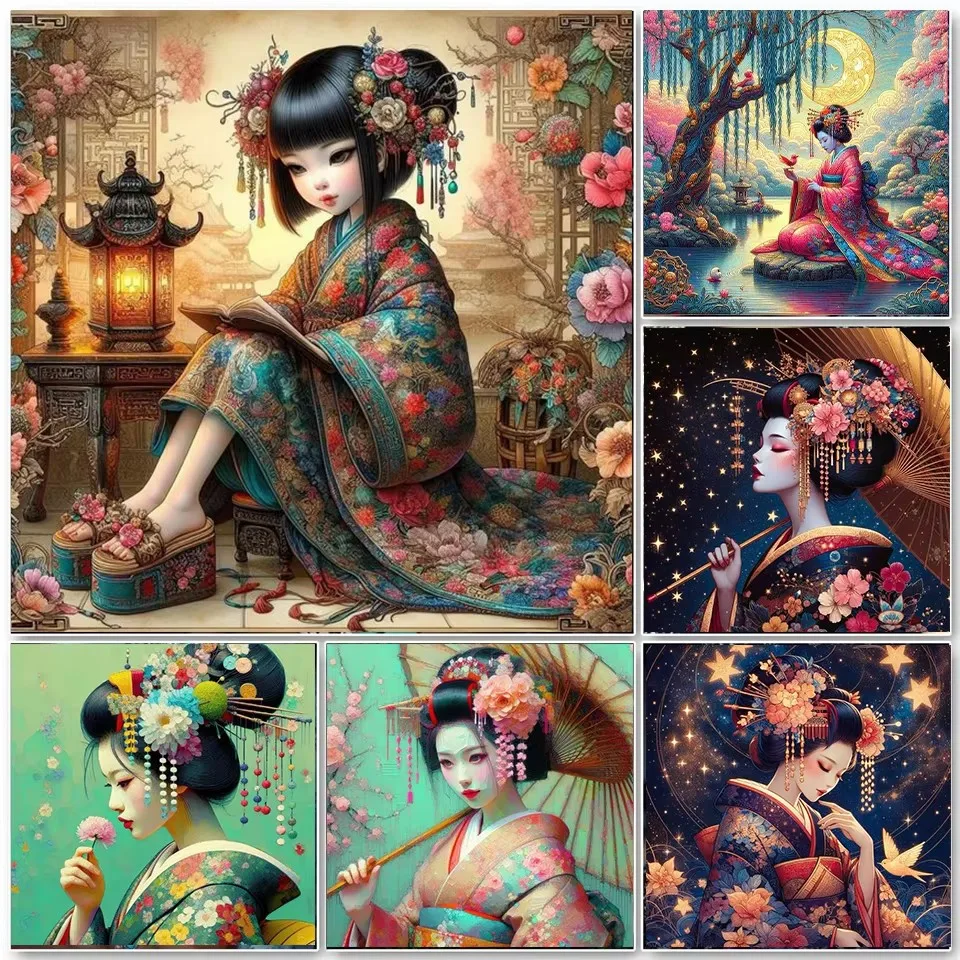 5D DIY Diamond Painting Japanese Little Girl Kimono Portrait Full Round Drills Cross Stitch Kit Mosaic Art Home Decor Craft