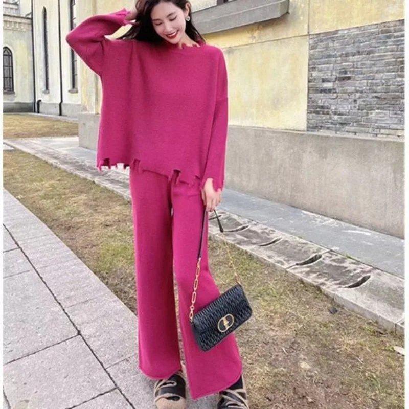 

Women's Knitted Sweater and Pants Suit Fashion Casual Solid Color Loose Pullover Sweater High-waisted Trousers 2pcs Sportswear