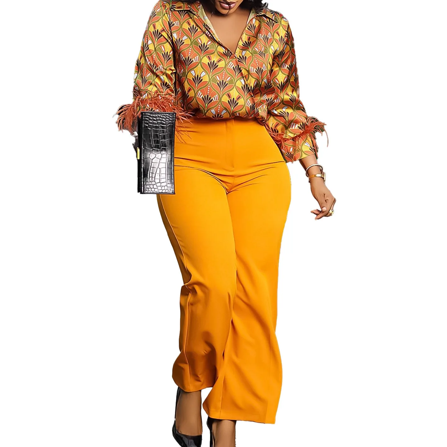 L-3XL Plus Size Two Piece Sets for Women Clothing 2024 Fashion Printing Shirts and Wide Leg Pants Fall Winter African Outfits