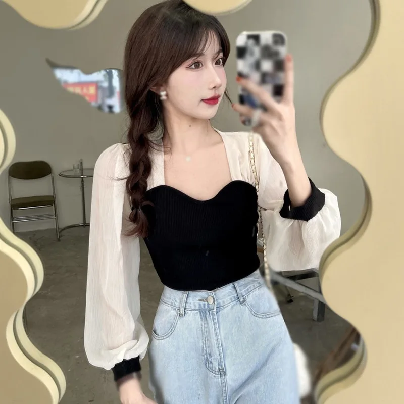 Spring Autumn T Shirt for Women Square Neck Puff Sleeves Long Sleeves Blouse Chic Casual Tops