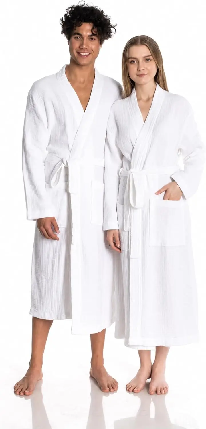

100% Cotton Muslin Bathrobe, Unisex Lightweight Kimono Robe Soft Absorbent for Spa