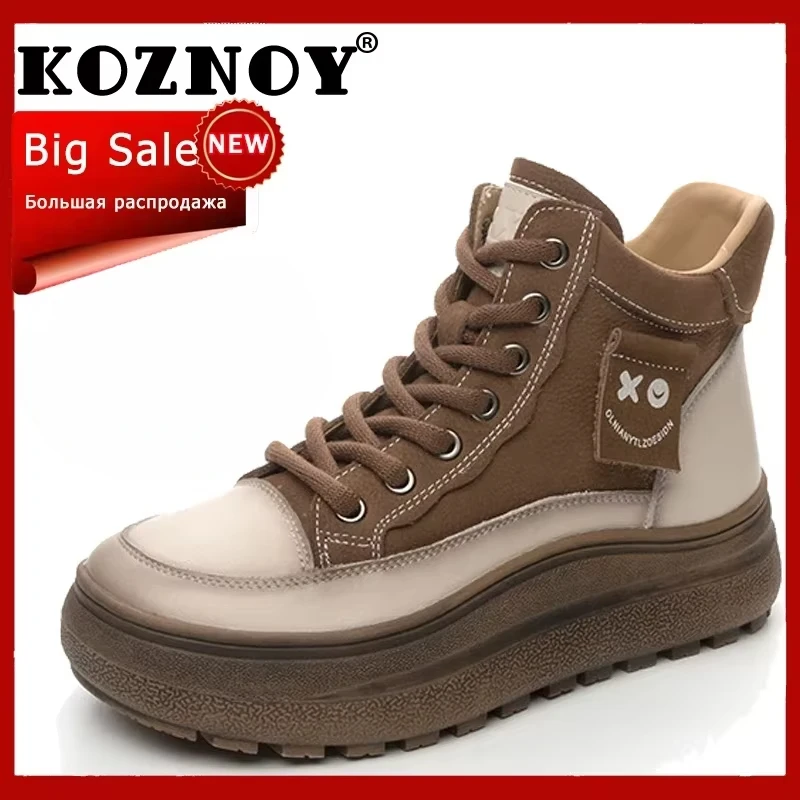

Koznoy 5cm Suede Genuine Leather Ankle Booties Winter Plush Platform Wedge Autumn Boot Women Flats Mixed Color Motorcycle Shoes