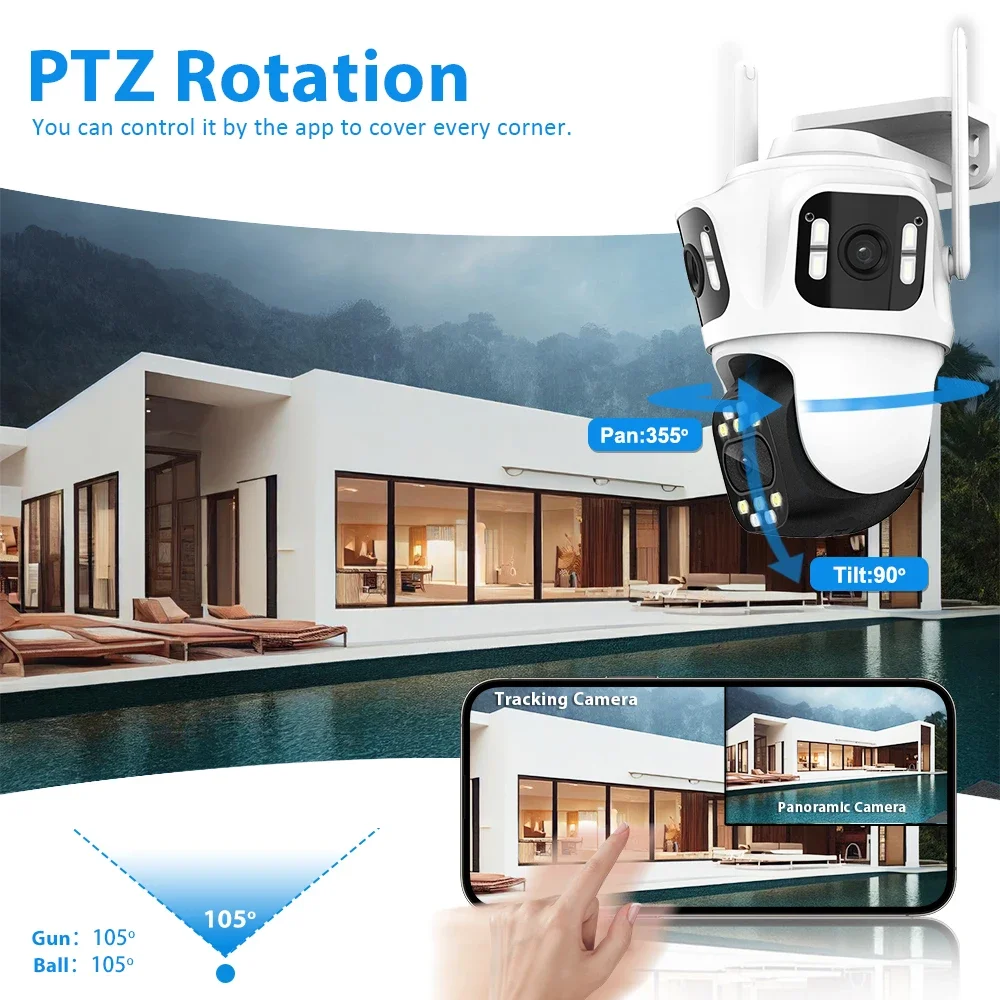 6K 12MP Triple Lens PTZ IP Camera Outdoor 6K HD Triple Screen WiFi Security Camera Auto Tracking 4K Dual Lens Wired CCTV Camera