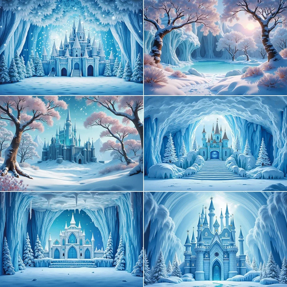 

MOON.QG Merry Christmas Background Photography Winter Tree Ice Castle Photocall Backdrop Children Studio Photobooth Accessories