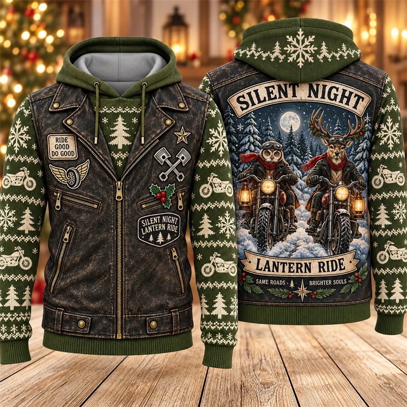 Christmas Biker Hoodie Santa Reindeer Rider Club Print Vintage Holiday Pullover Winter Streetwear Xmas Party Casual Gift