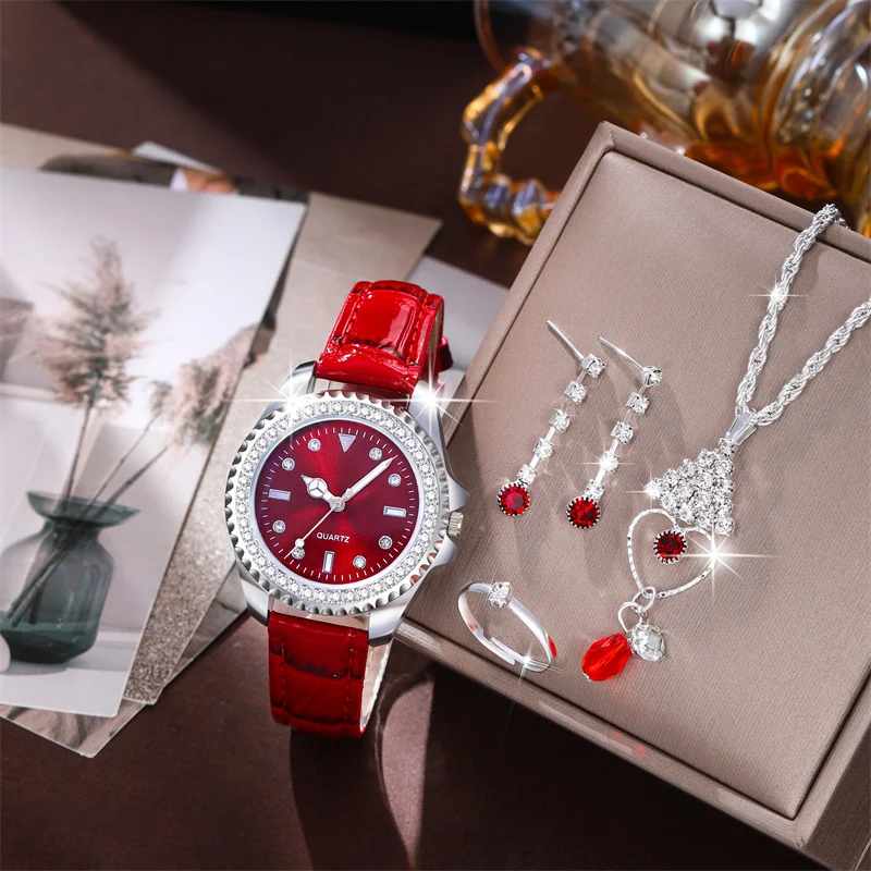 New 5pcs Set Watches Women Leather Band Ladies Watch Simple Casual Womens Analog WristWatch Gift Montre Femme