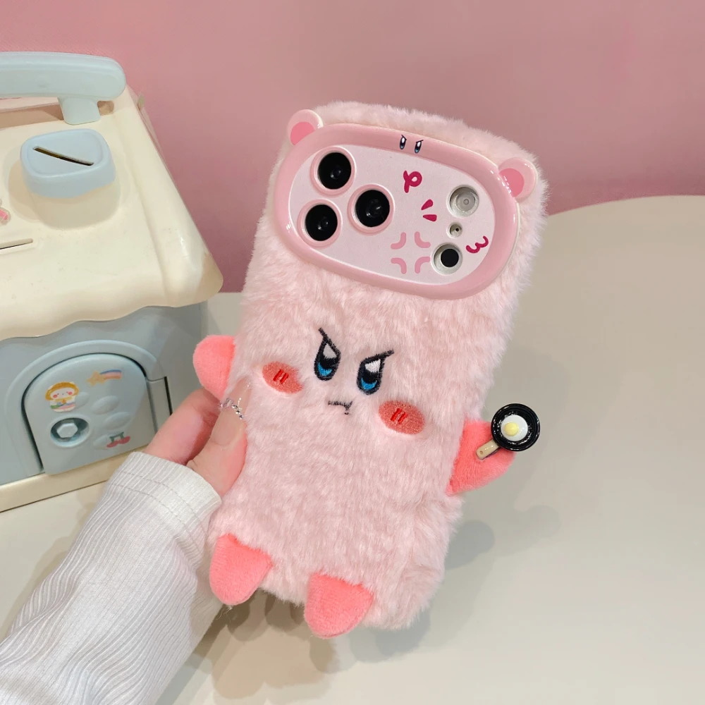 Cute Cartoon Fluffy Plush Angry Face Expression Phone Case For iPhone 11 12 14 13 15 16 17 18 Pro Max Plus Furry Fur Back Cover - view 6