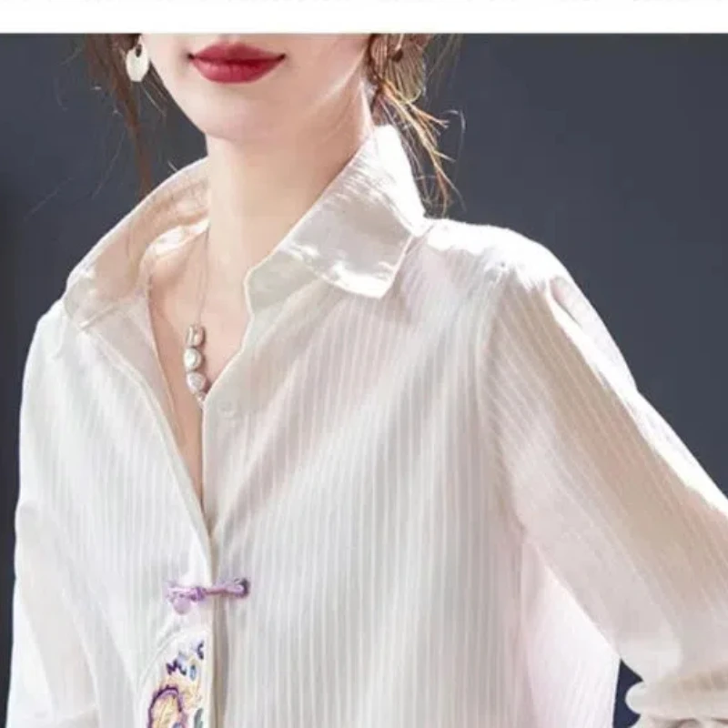 Chinese Style Women\'s 2024 Spring New Spliced Polo Collar Button Embroidery Fashion Loose Striped Long Sleeved Blouses Shirt