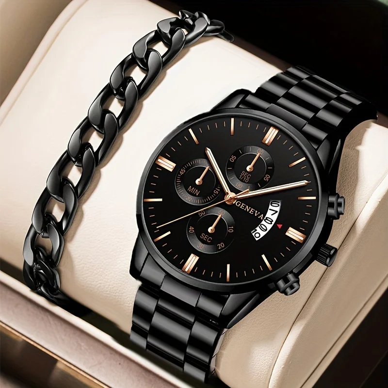 2 teile/satz, Mode Herren Business Edelstahl Kalender Datum Quarz Armbanduhr & Armband Set