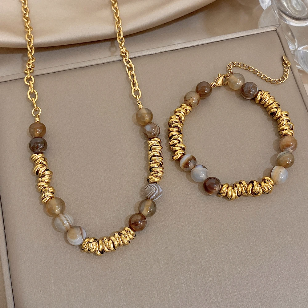 Trend Women's Set Jewelry Gold Color 18k Stainless Steel Twist Thick Chain Natural Stone Necklace Bracelet Fashion Jewelry Gift