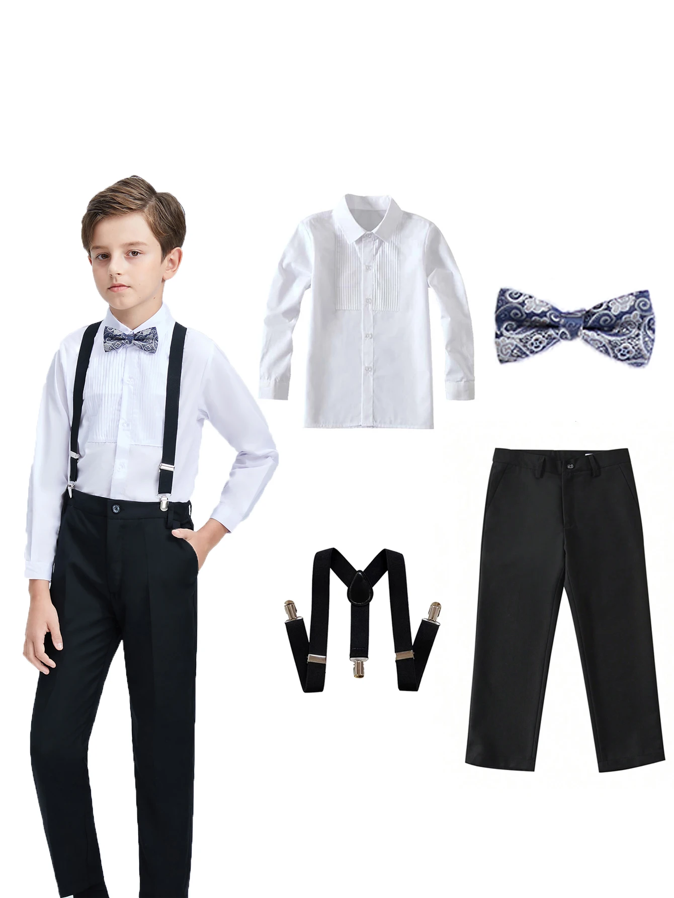 4pcs/set Boys\' Suit Set With  Shirt , Pants  Tie And Straps School Uniforms