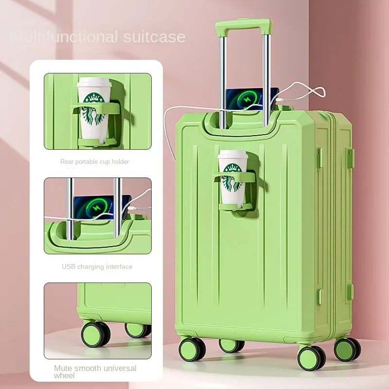 Nova moda mala porta de carregamento usb bagagem com suporte de copo trole caso bloqueio senha mudo roda universal 20/24/28 polegada