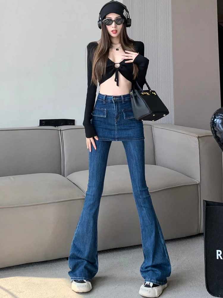 카우보이 플레어 팬츠 여성용 가을 겨울 디자인 감각적인 페이크 투피스 탄력 있는 타이트한 바닥까지 닿는 마이크로 플레어 팬츠