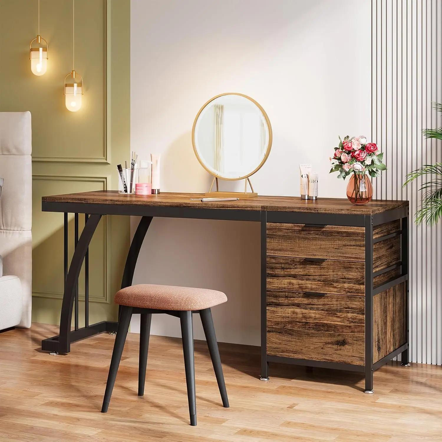 Vanity Desk met 3 lades, 59 inch grote kaptafel met omkeerbare lades, chique make-upbureau (rustiek bruin) (alleen bureau)