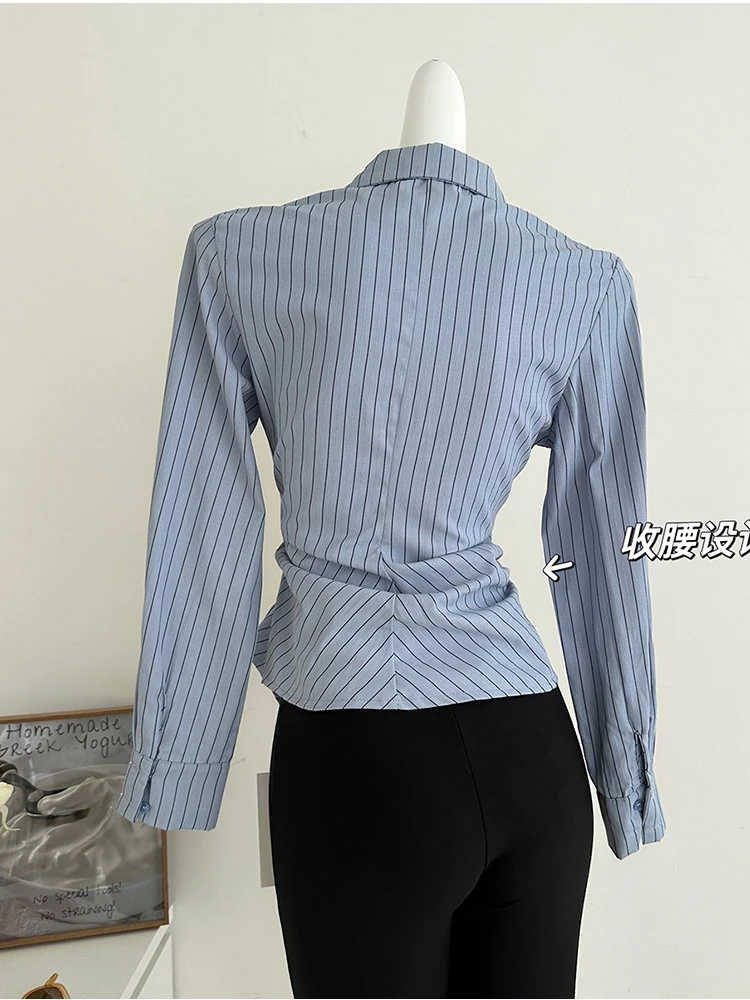 Women Stylish Korean Vintage Striped Shirts Long Sleeve Blouses Design Old Money 2000s Aesthetic Office Lady Blusas Irregular