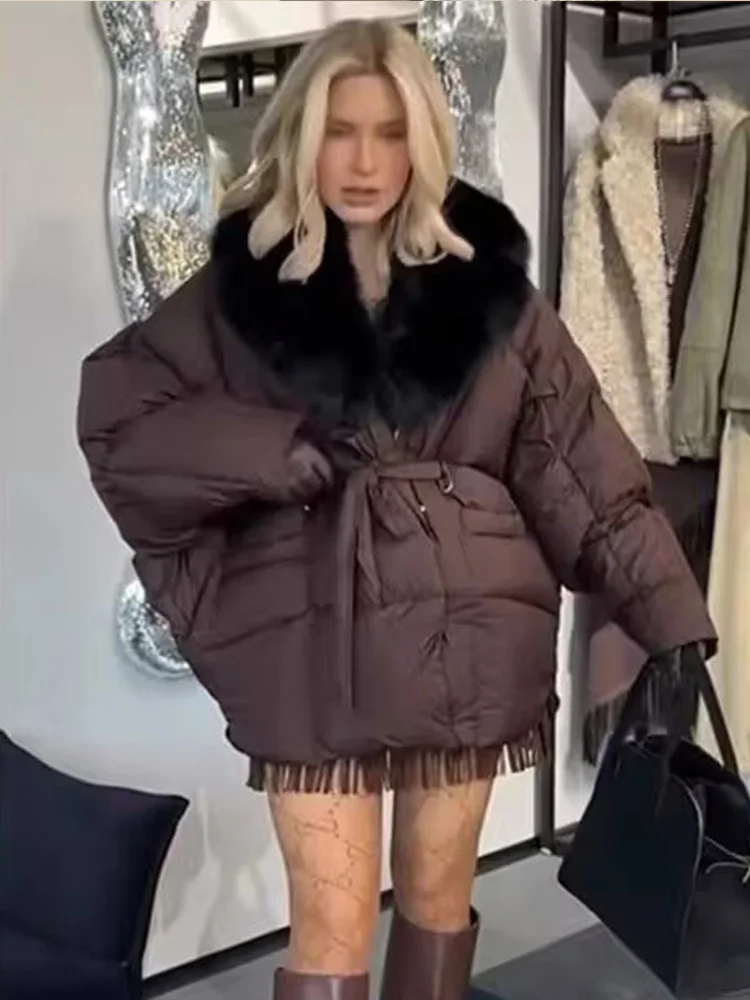 HH Vrouwen Winter Verdikte Katoenen Kleding Riem Zak Decoratie Nepbontkraag Lange Mouwen Mode Vrouwelijke Casual Effen Jas