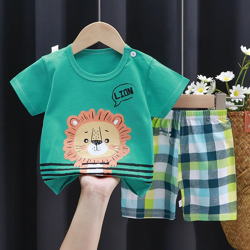 Summer New Kids Casual Pajamas Cute Cartoon Print Short Sleeve T-Shirt Tops with Shorts Toddler Baby Boys Girls Clothing Sets