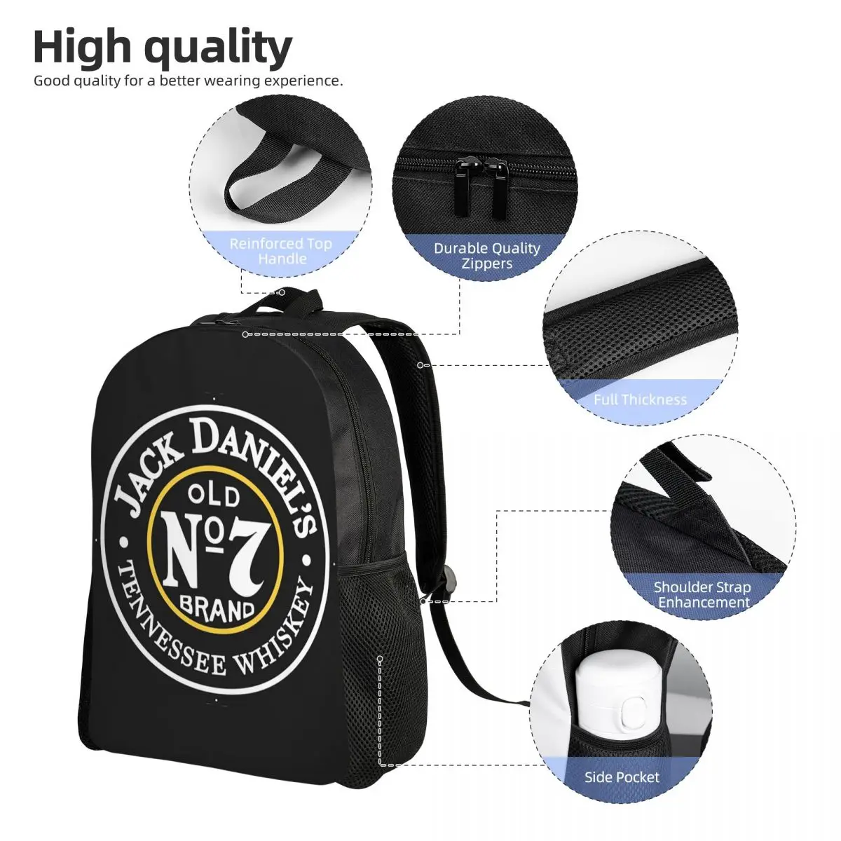 J-JACK DANIELS ويسكي العلامة التجارية على ظهره رائجة البيع Daypack سعة كبيرة بنين بنات حقيبة الكتب حقيبة مدرسية حقائب كتف للرجال والنساء