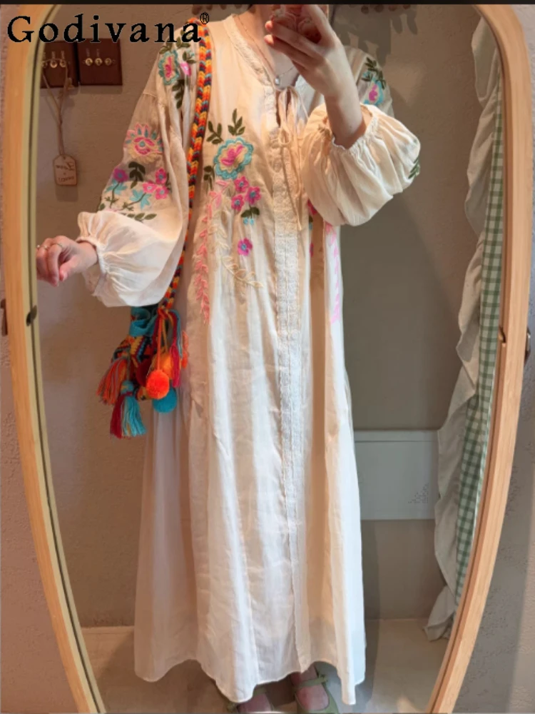 

Spring Retro Lantern Sleeve Elegant V-neck Versatile Loose Dress Fashion High Waist A-line Age-reducing Apricot Long Dresses